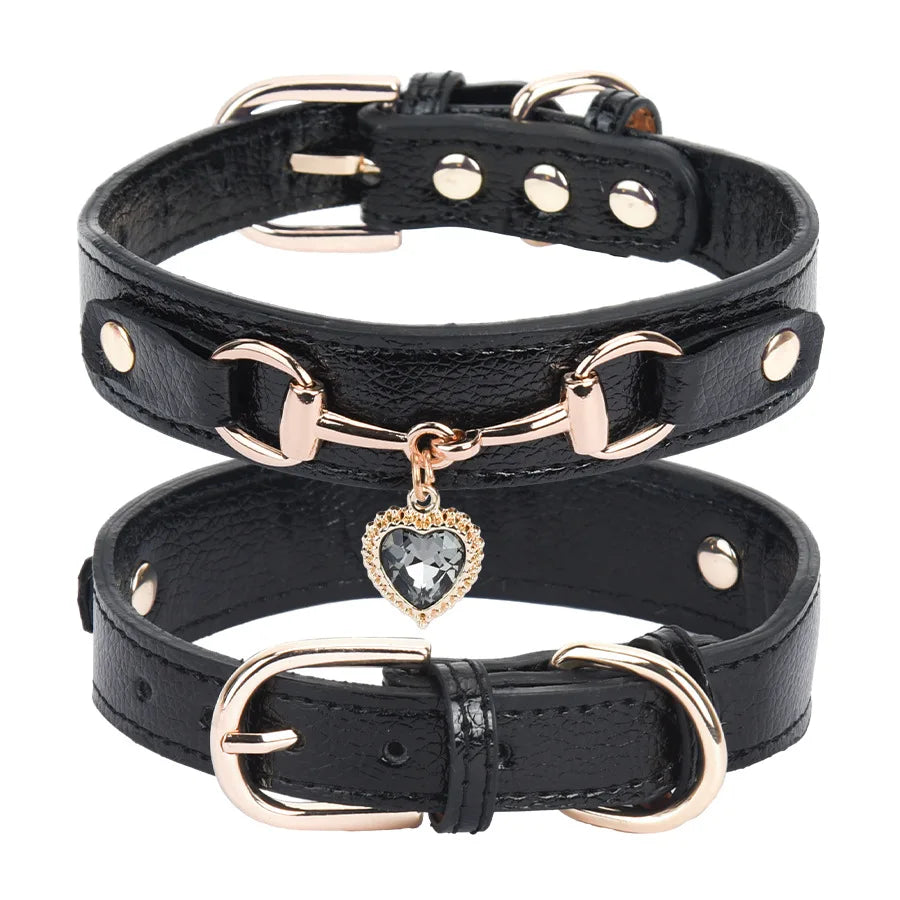 Adjustable Faux Leather Shiny Rhinestone Love Dog Collar