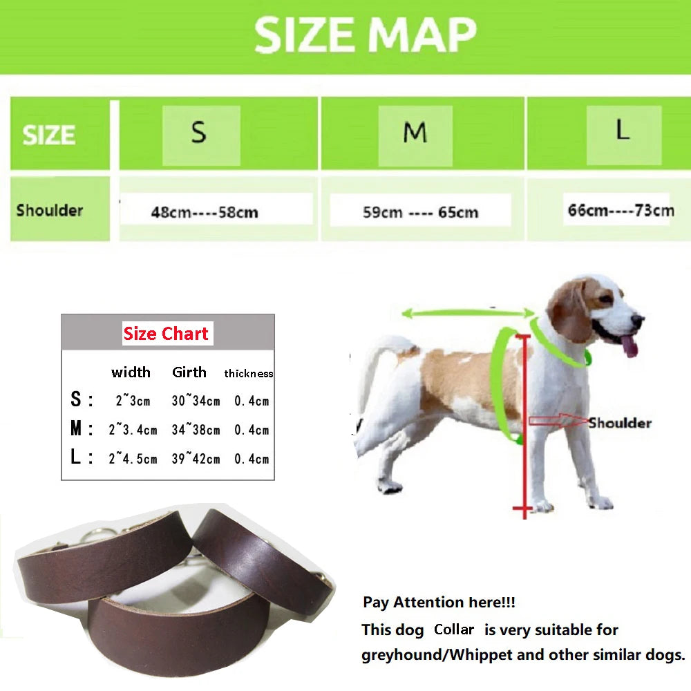 Durable Adjustable Greyhounds and Whippets Wide Leather Dog Collar