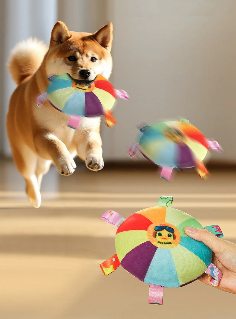 Rainbow Plush Flying Saucer Interactive Chew Toy with Bells for Dogs