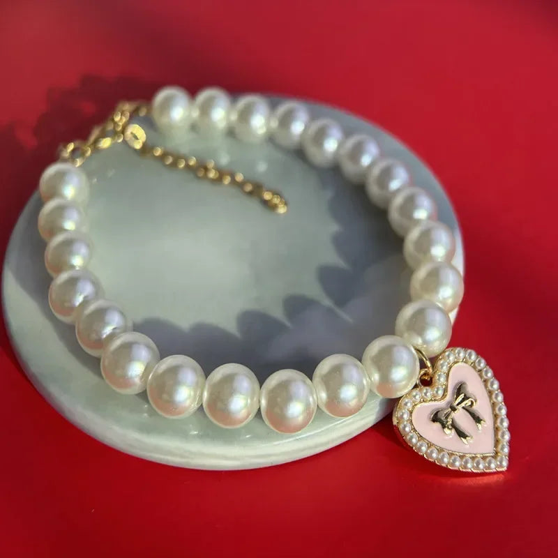 Cute Cat & Puppy Necklace for Weddings and Special Occasions Pearl Bow Pet Collar