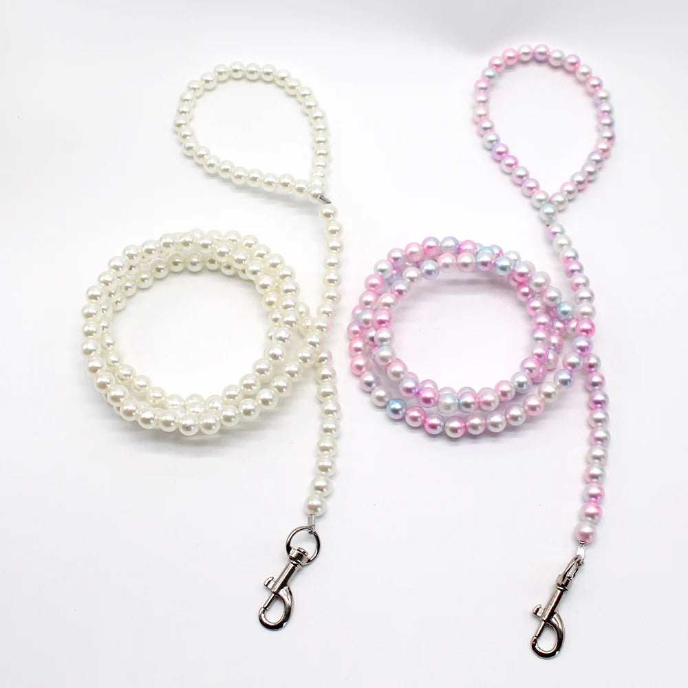 Imitation Pearl Wire Rope Lead Exquisite Handmade Beaded Dog Leash