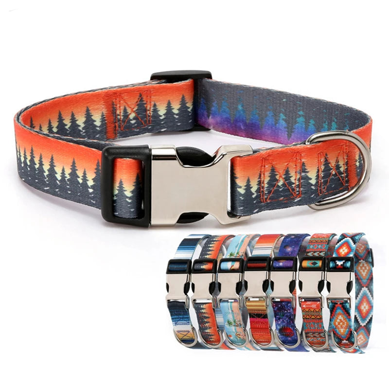 Forest Pattern & National Style Stripes Adjustable Nylon Dog Collar
