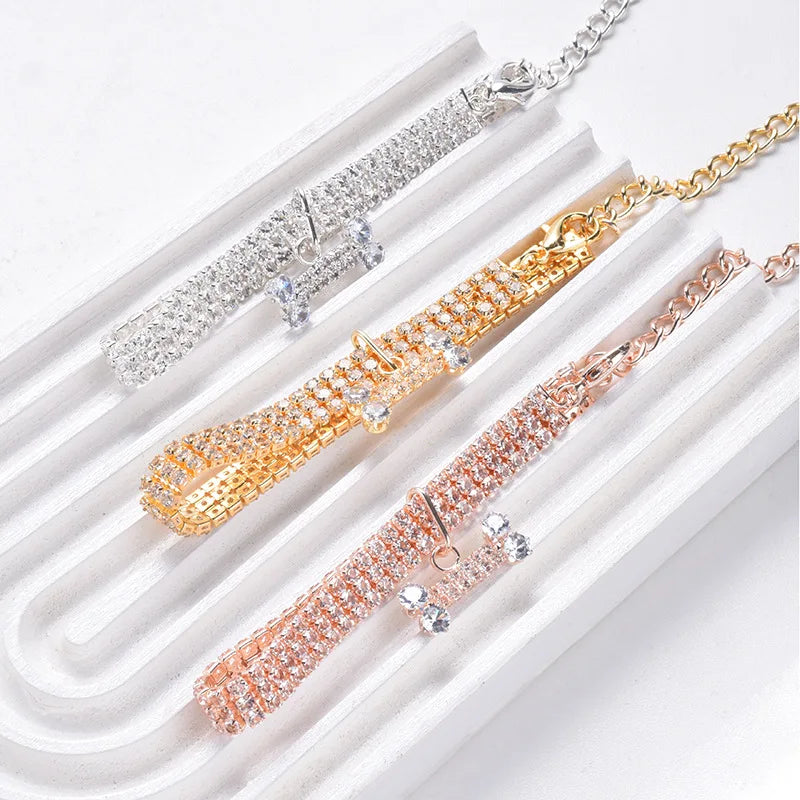 Rhinestone Necklace with Bone Adjustable Crystal Pet Collar
