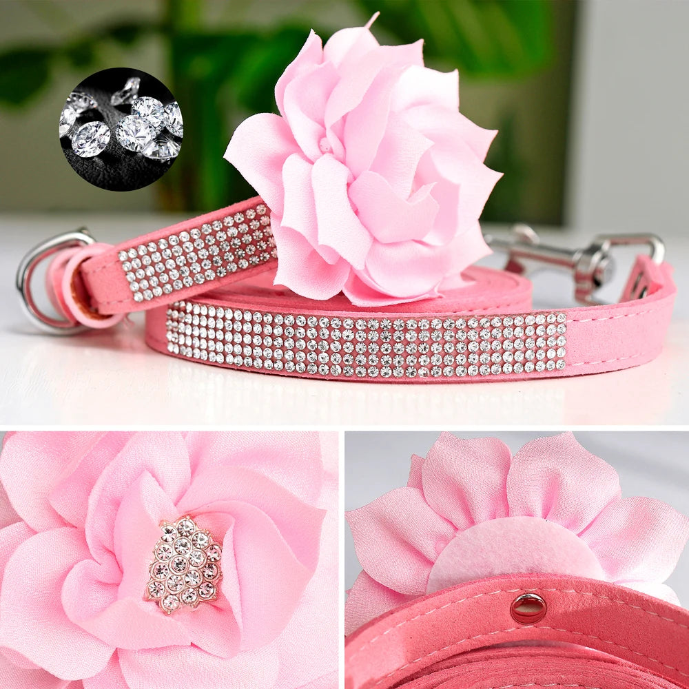 Glitter Rhinestone Leather Dog Collar with Floral Design & 120cm Leash