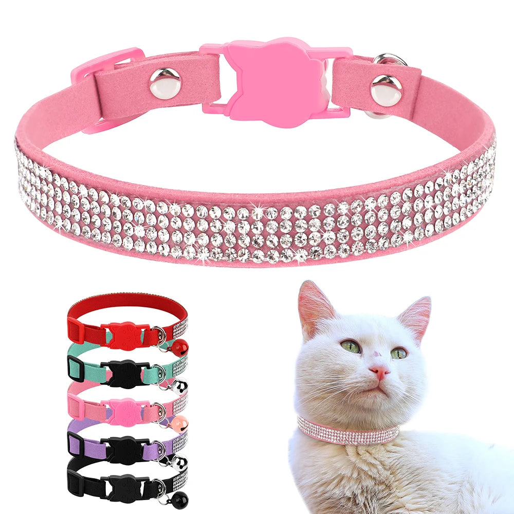 Rhinestones Adjustable Soft Suede Leather Cat Collar