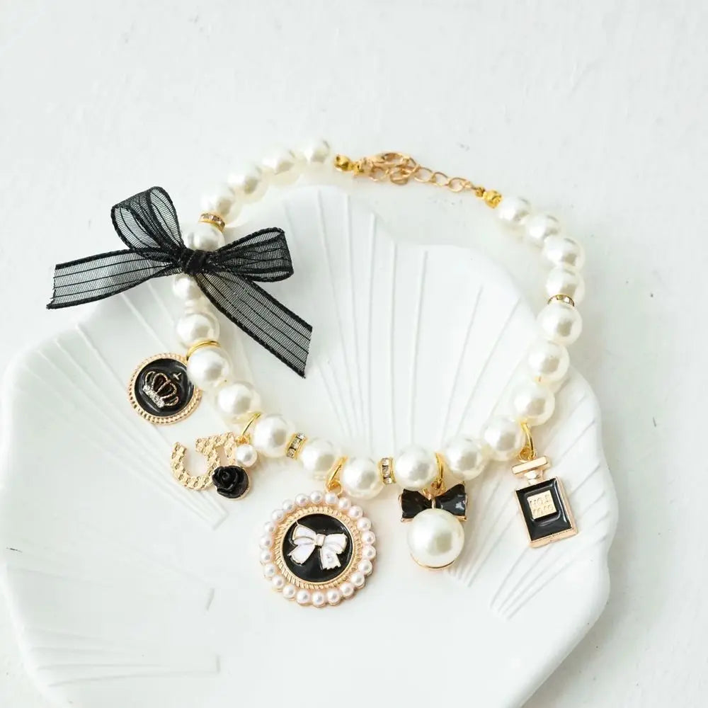 Rhinestone Bow Collar for Cats and Small Dogs Princess Pearl Pet Necklace