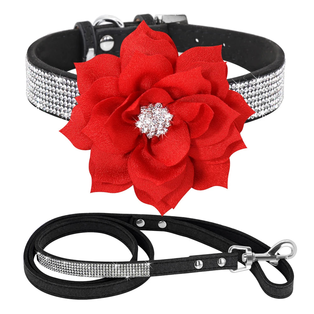 Glitter Rhinestone Leather Dog Collar with Floral Design & 120cm Leash