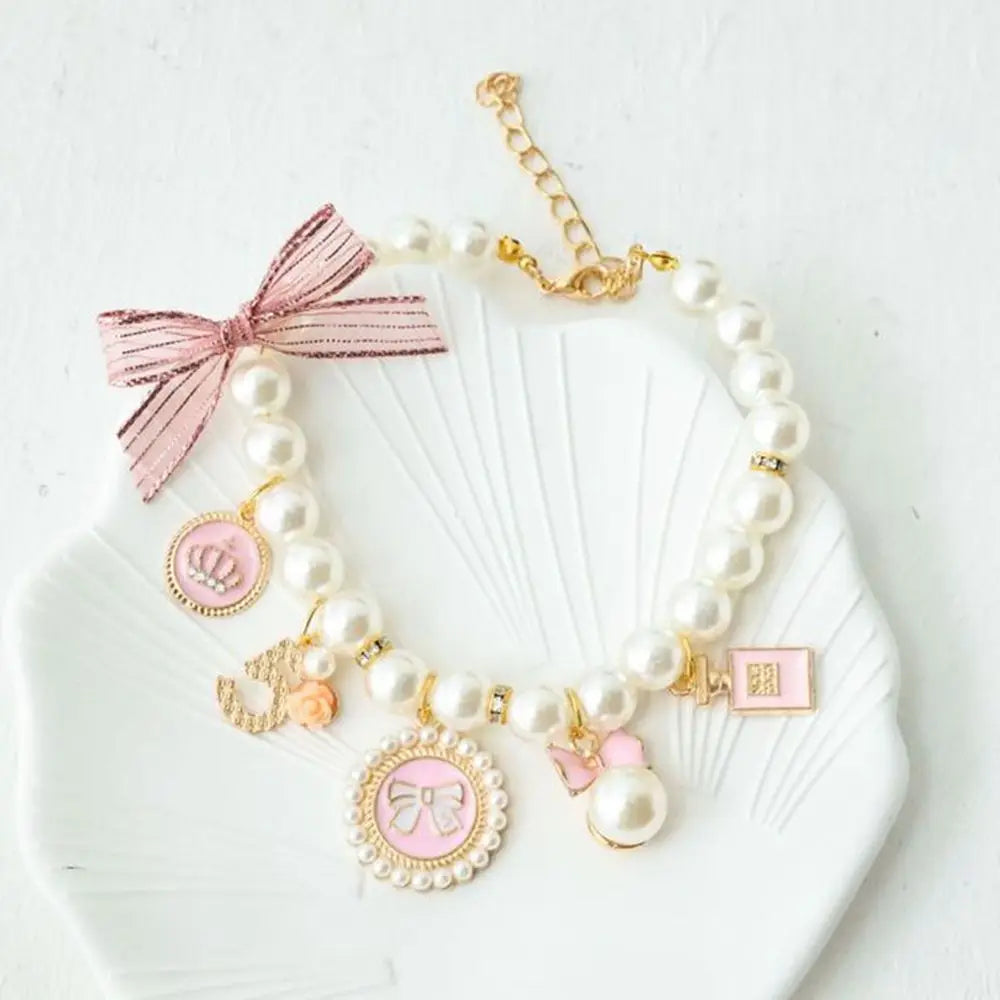 Rhinestone Bow Collar for Cats and Small Dogs Princess Pearl Pet Necklace