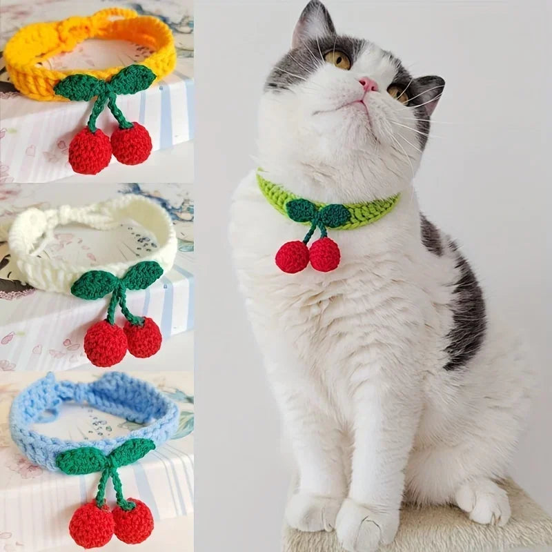 Handmade Knitted Cat Collar Cute Cherry Decor Necklace for Cats