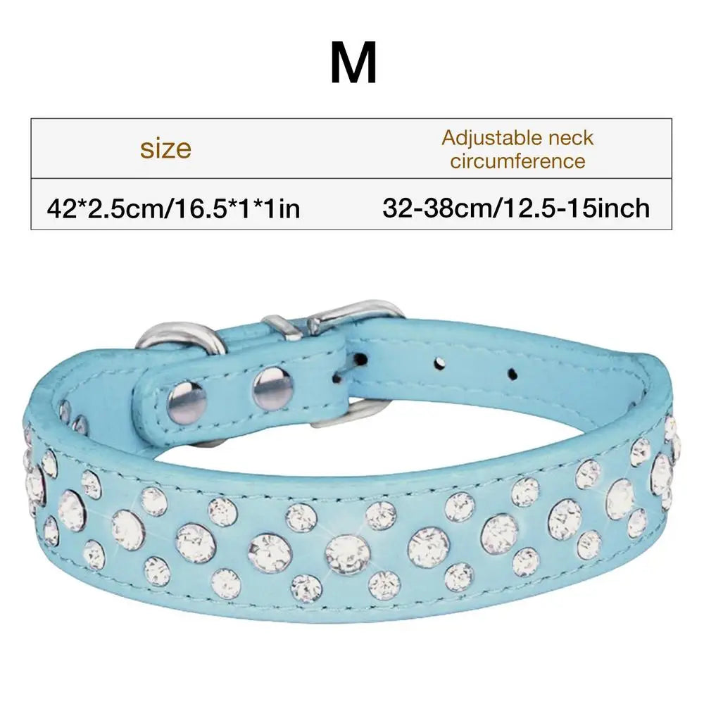 Adjustable PU Leather Three-Row Rhinestone Dog Collar