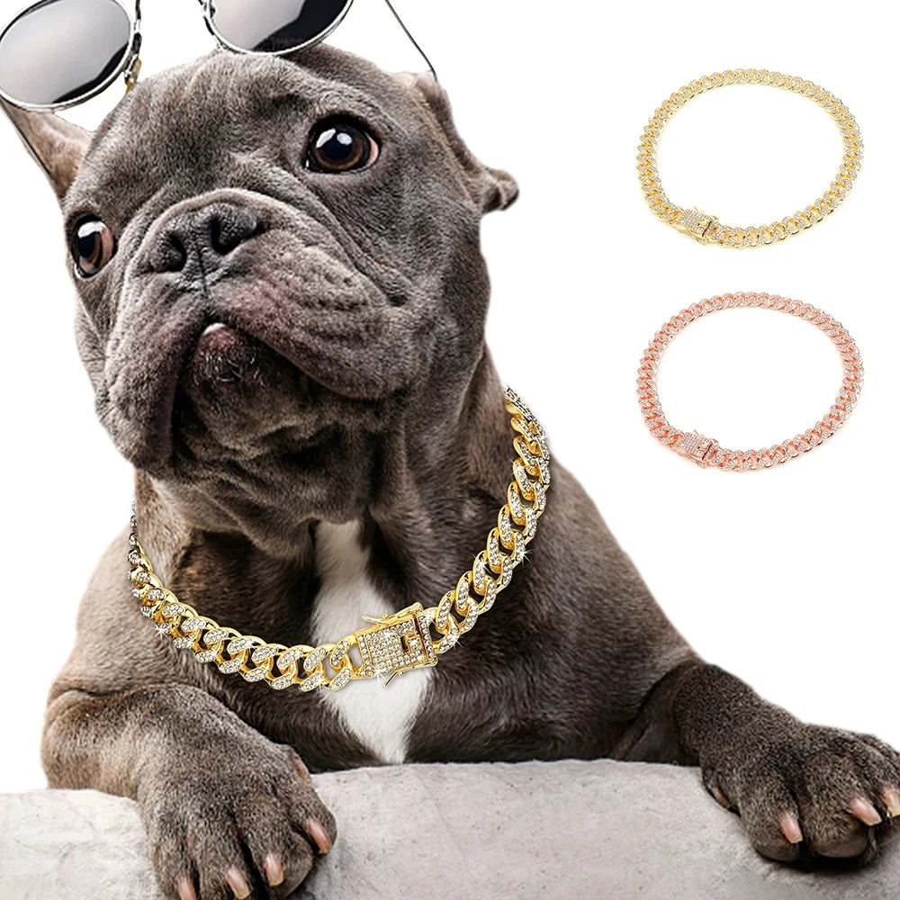 Strong Metal Bling Choke Slip Rhinestone Gold Dog Chain Collar