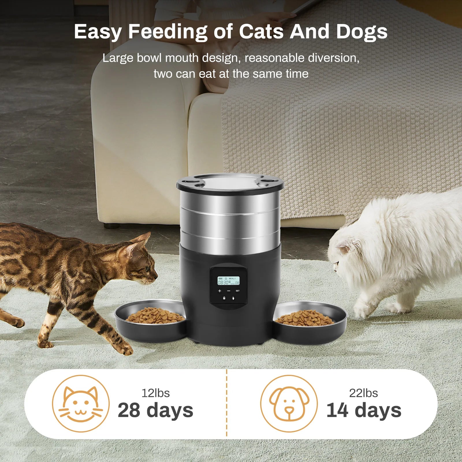 4L Smart Pet Feeder Auto Dispenser with Recording, Scheduled Feeding for 2 Pets