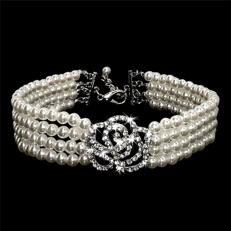 Fashion Rose Pearl & Rhinestone Dog Collar
