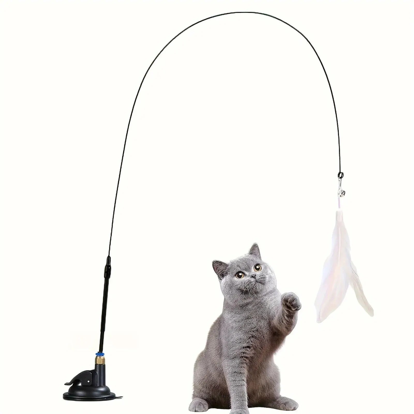 Cat Teaser Toy Interactive Feather & Bell Wand with Suction Cup Pole