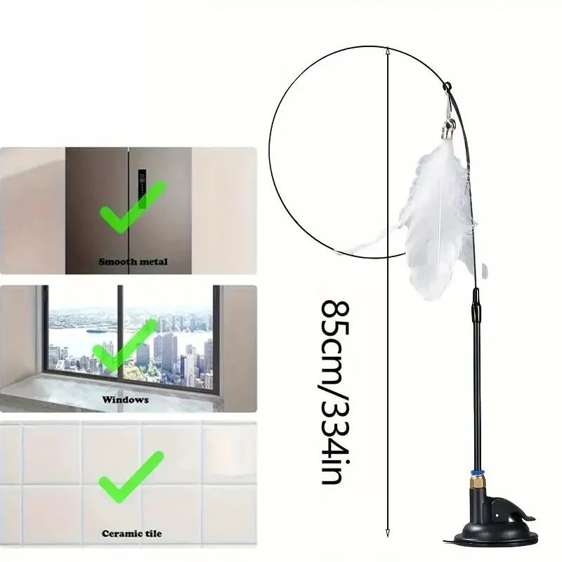 Cat Teaser Toy Interactive Feather & Bell Wand with Suction Cup Pole